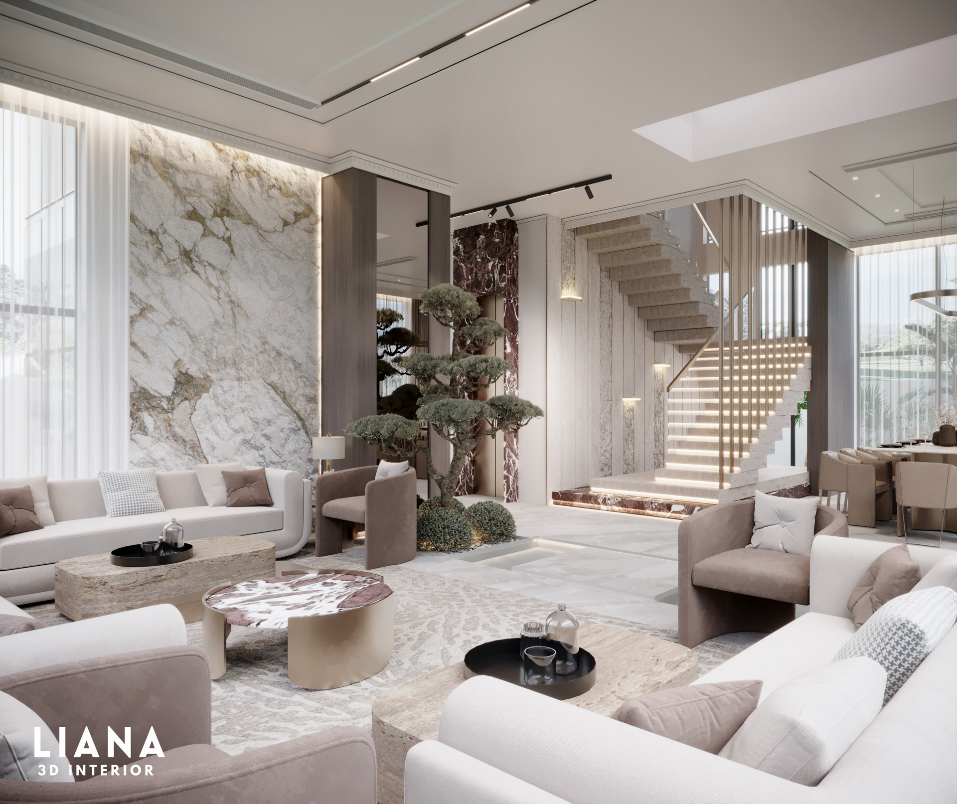 Modern home office with desk, chair, and large monitor. Neutral tones, natural light, and artistic elements.
