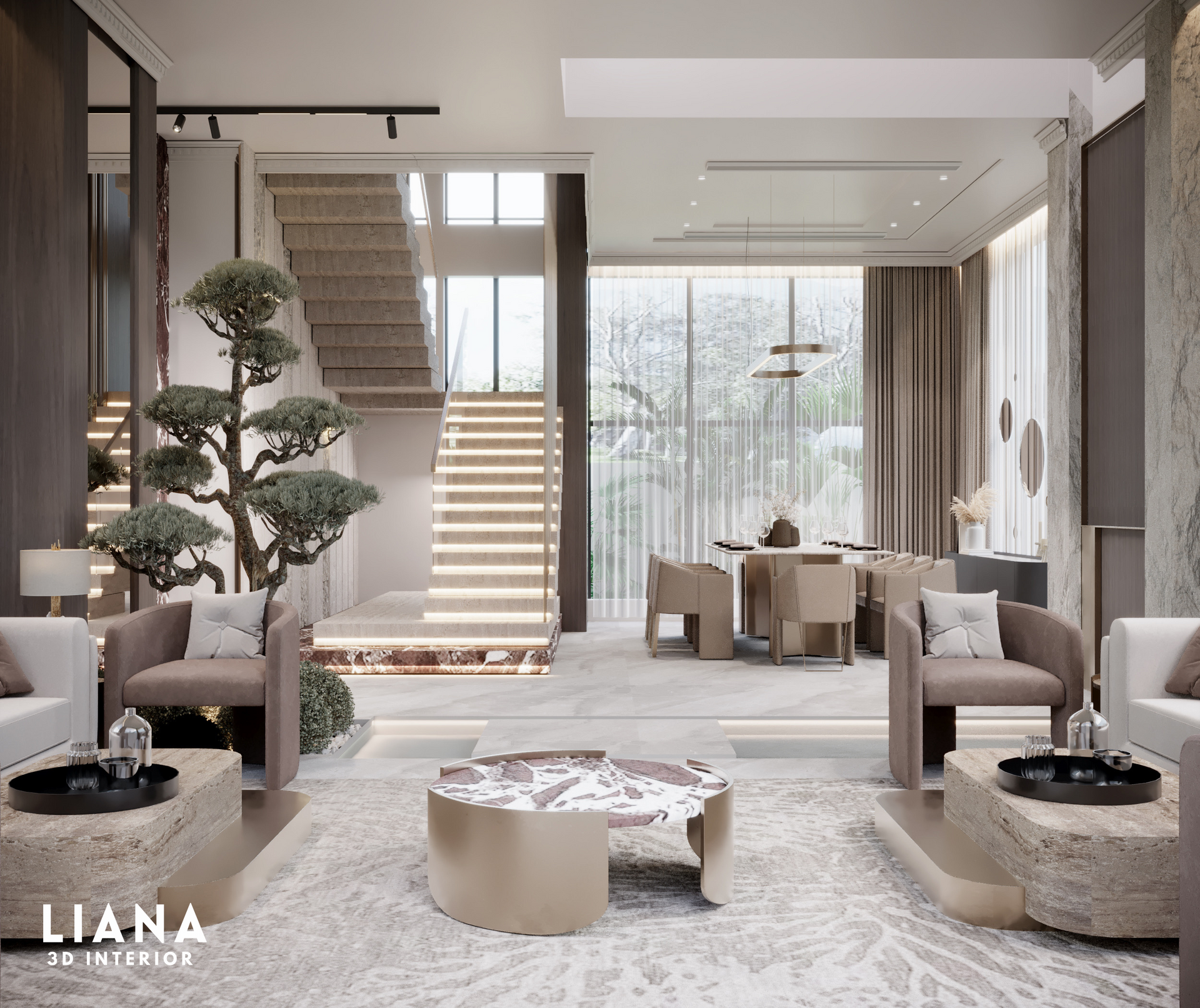 Modern home office with desk, chair, and large monitor. Neutral tones, natural light, and artistic elements.