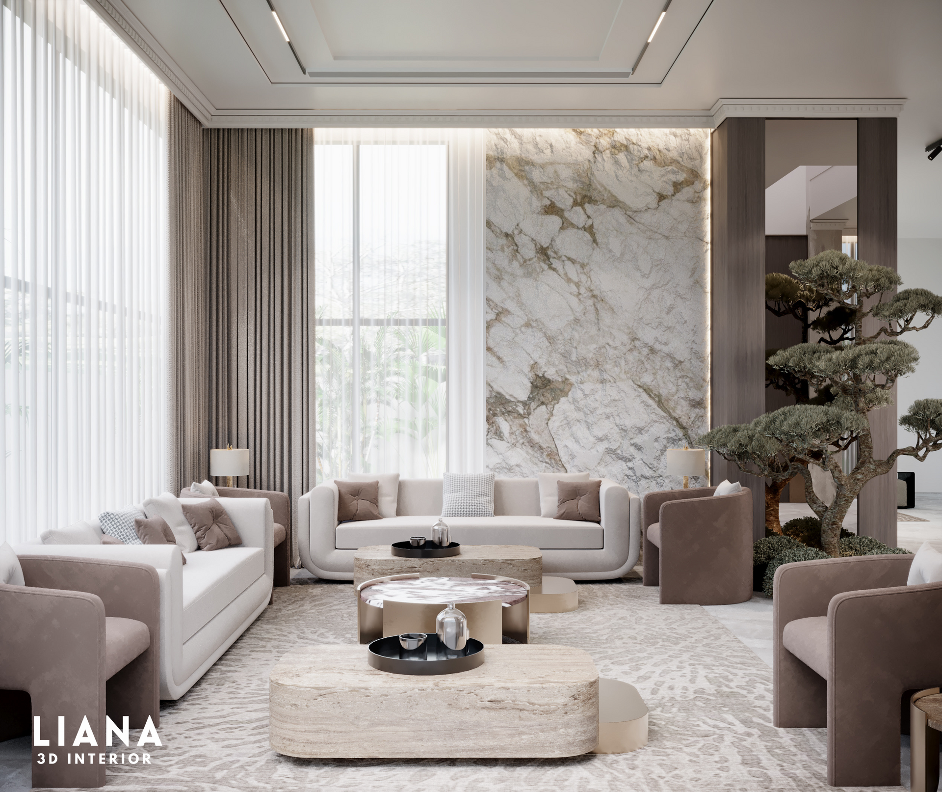Modern home office with desk, chair, and large monitor. Neutral tones, natural light, and artistic elements.