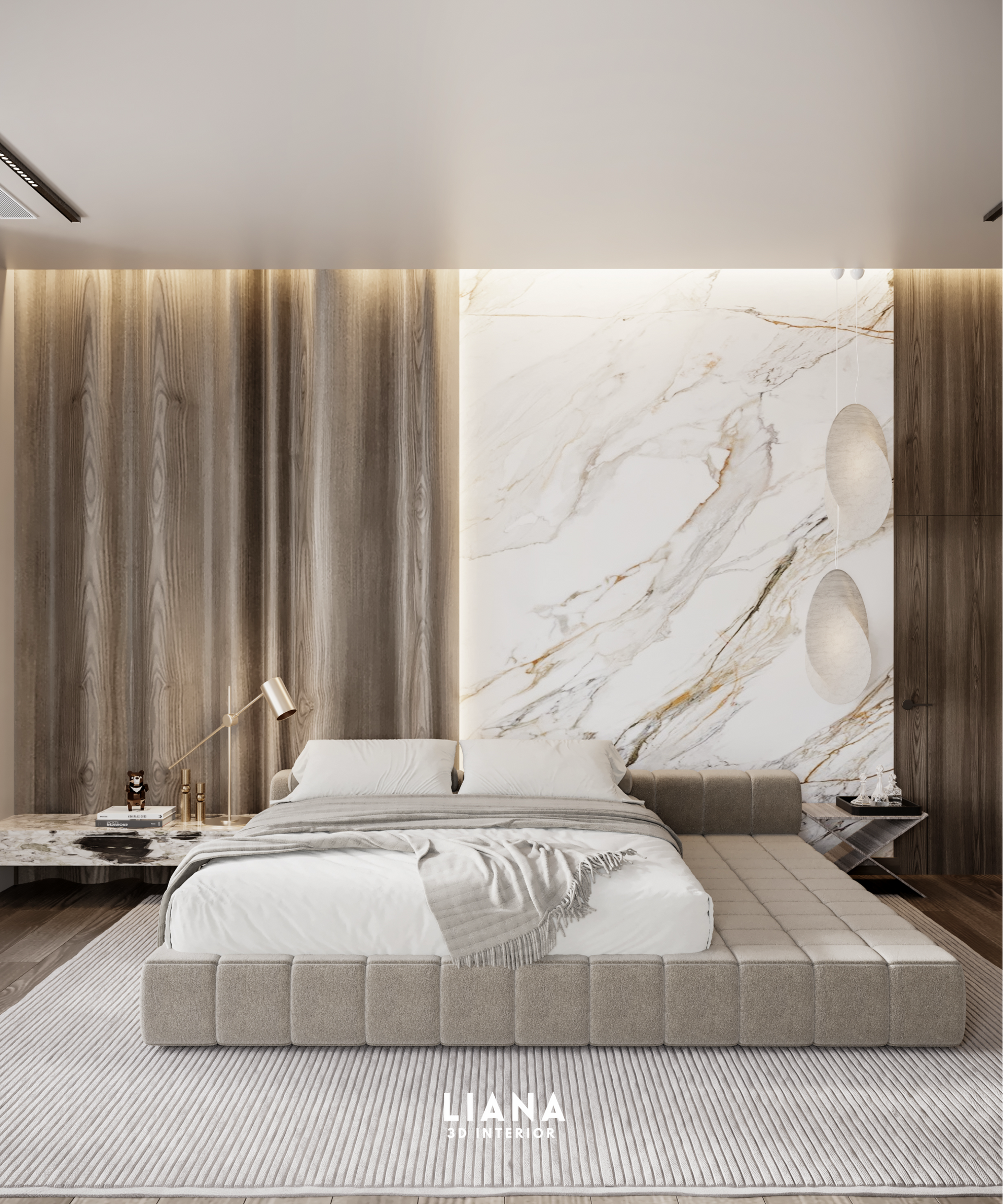 Luxurious bedroom with marble accent wall, wood paneling, and low platform bed and stylish accessories. 3D Interior Design and Visualization with Home Improvement