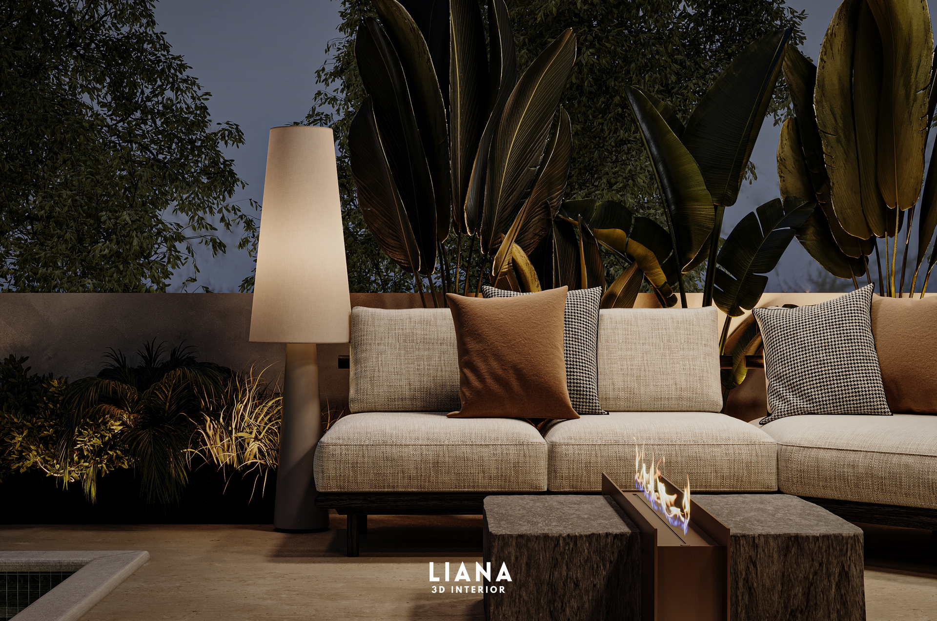 Outdoor sofa with pillows and fire pit, lit by a tall lamp, surrounded by tropical plants at night.