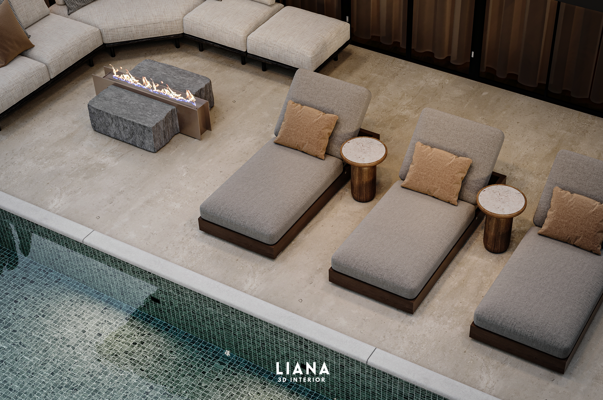 Outdoor lounge area with pool, chaise lounges, seating, and a fire pit. 3D Interior Design, Home Improvement and Visual