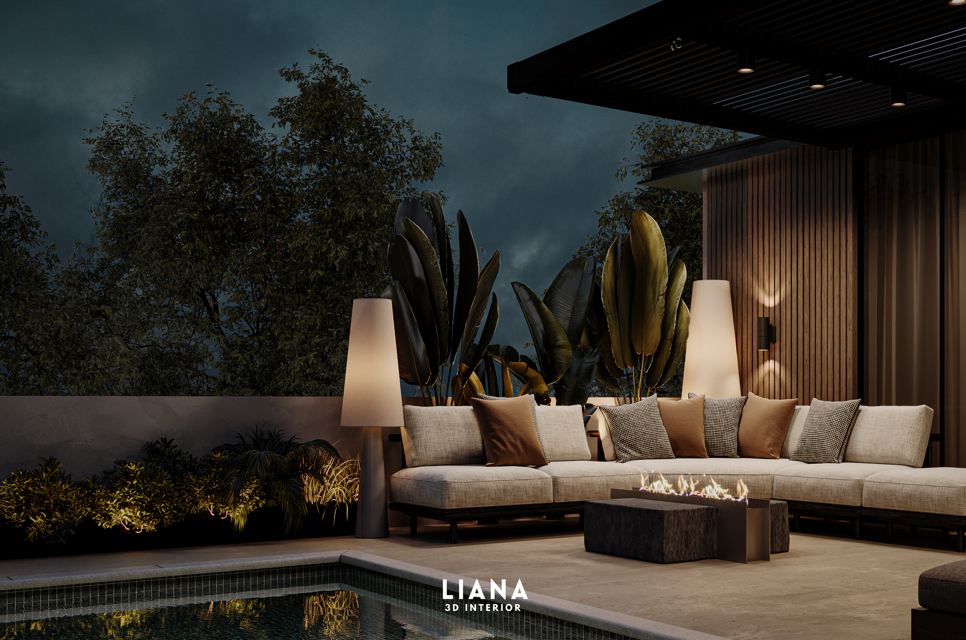 Nighttime outdoor lounge area with a pool, sofa, and ambient lighting.