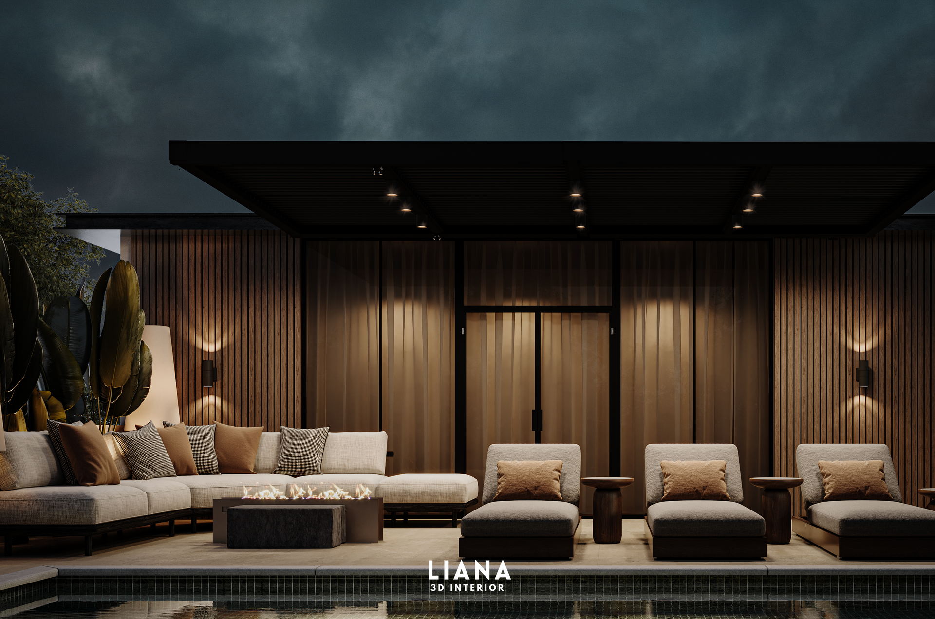 Outdoor patio with lounge furniture, pool, and ambient lighting at dusk.
