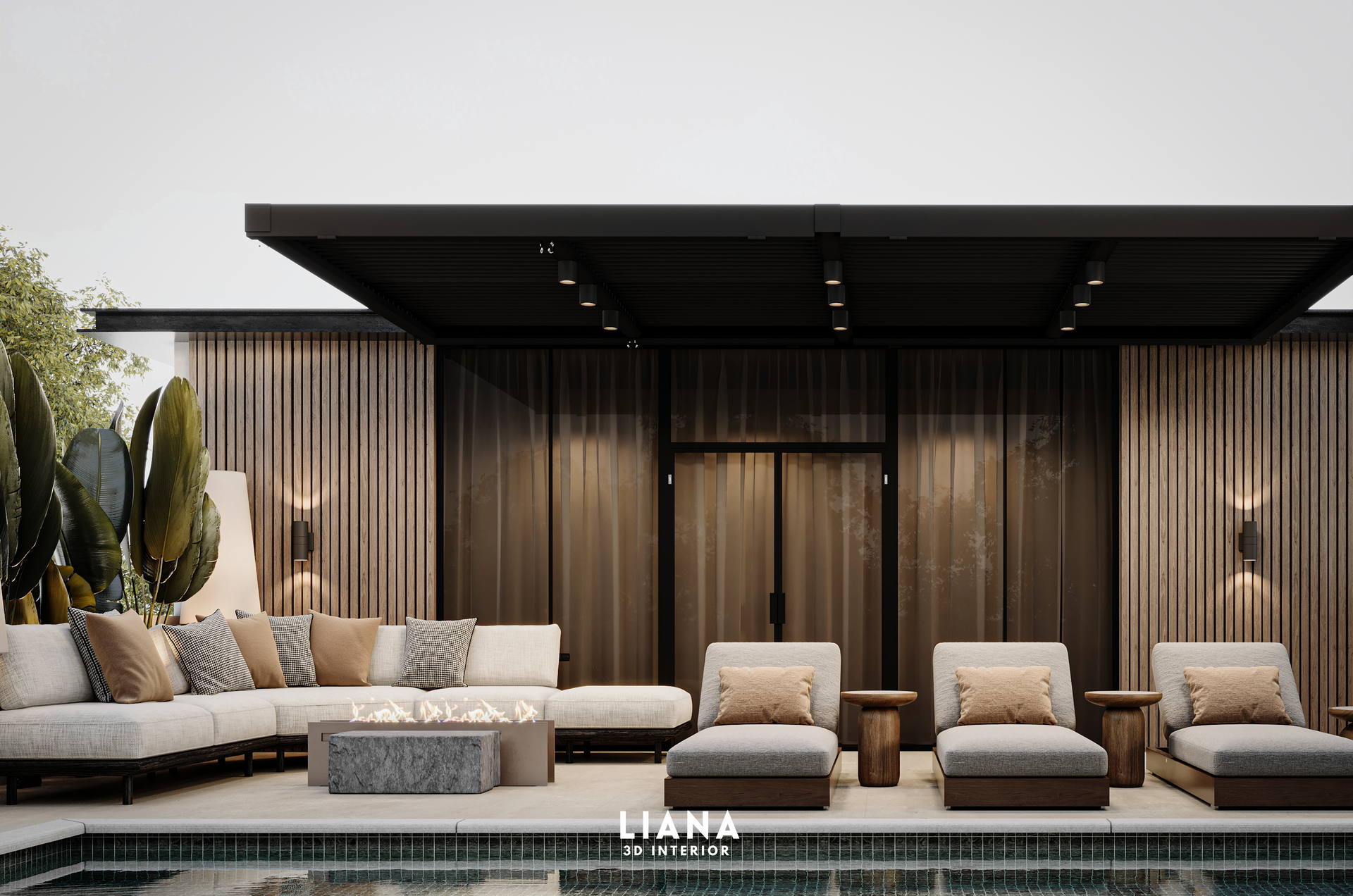 Poolside lounge with a sectional sofa, chaise lounges, and overhead pergola. Neutral tones, wood accents, and a serene atmosphere.