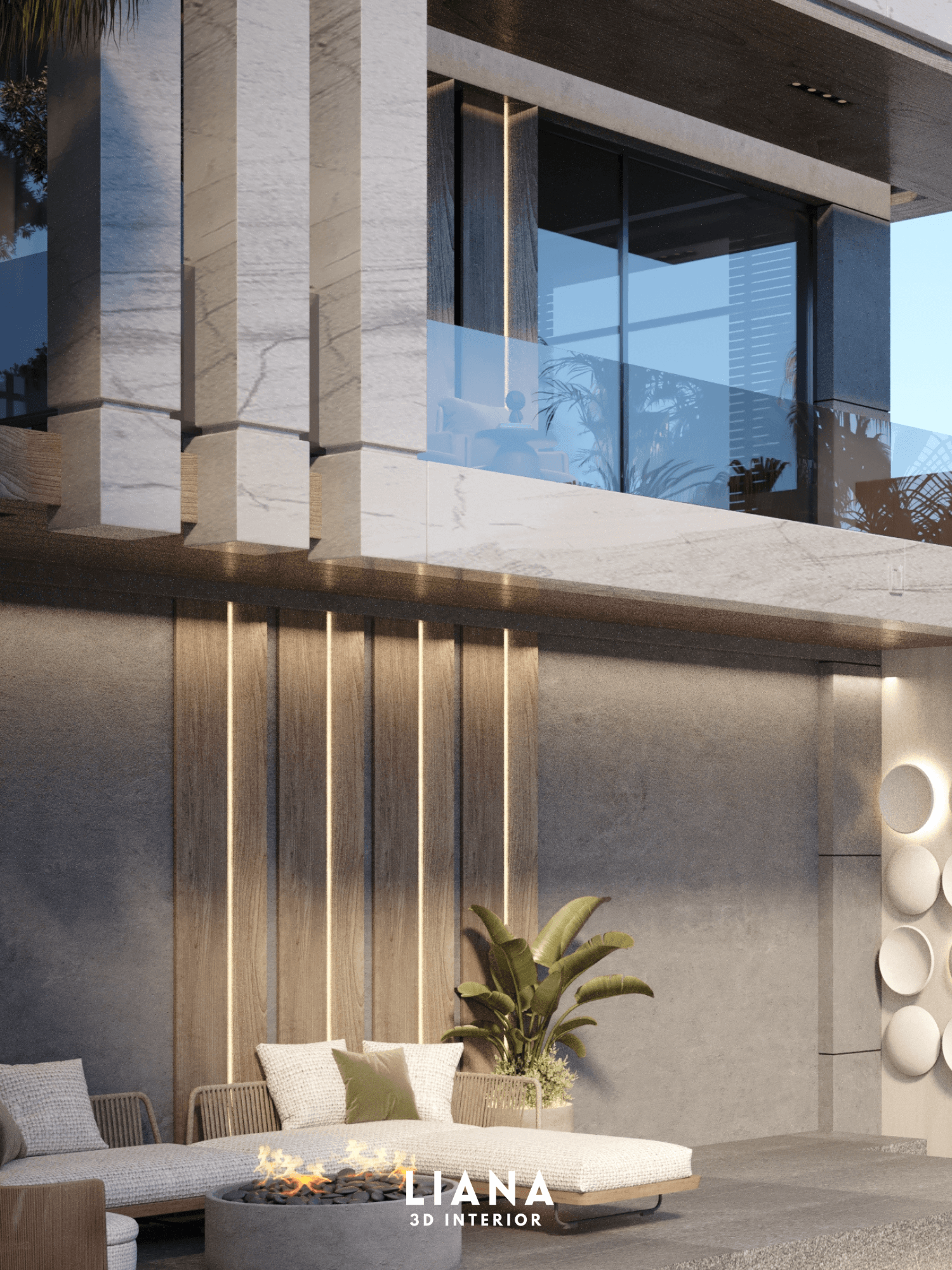 Modern outdoor seating area with lounge chairs, fire pit, and illuminated wall accents. Modern and Luxury Villa Exterior Design Visualization 