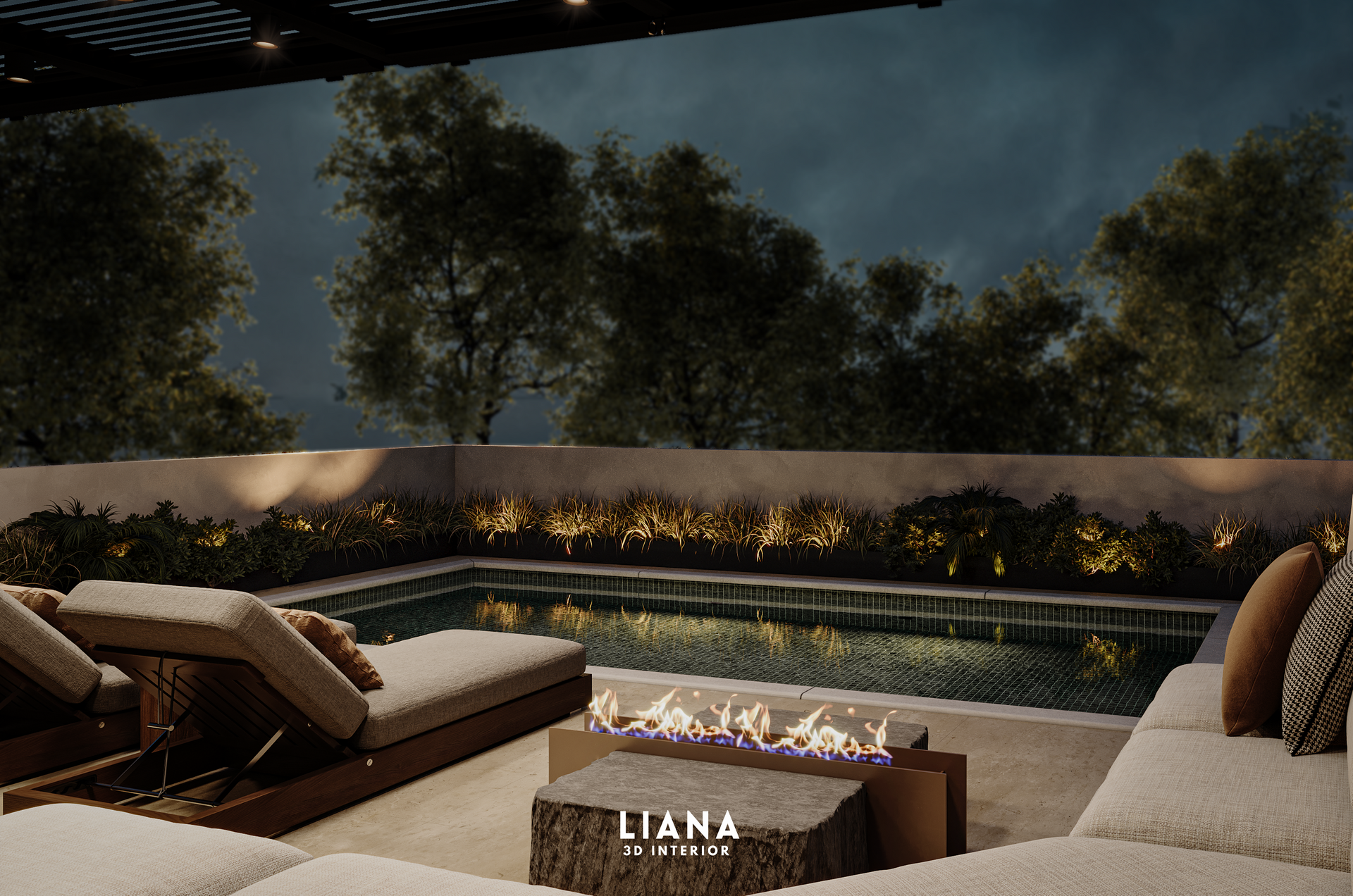Nighttime outdoor patio with a pool, lounge chairs, and a fire pit.