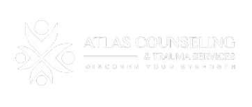 A white logo for atlas counseling and trauma services.