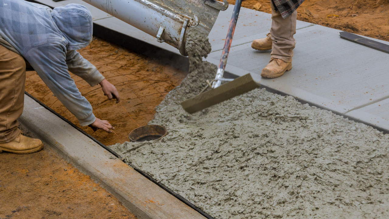 Workers pouring and smoothing wet concrete for a sidewalk; next to dirt and curb.