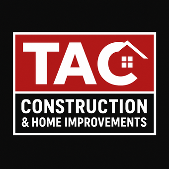 Logo for TAC Construction & Home Improvements: white text on red and black background;