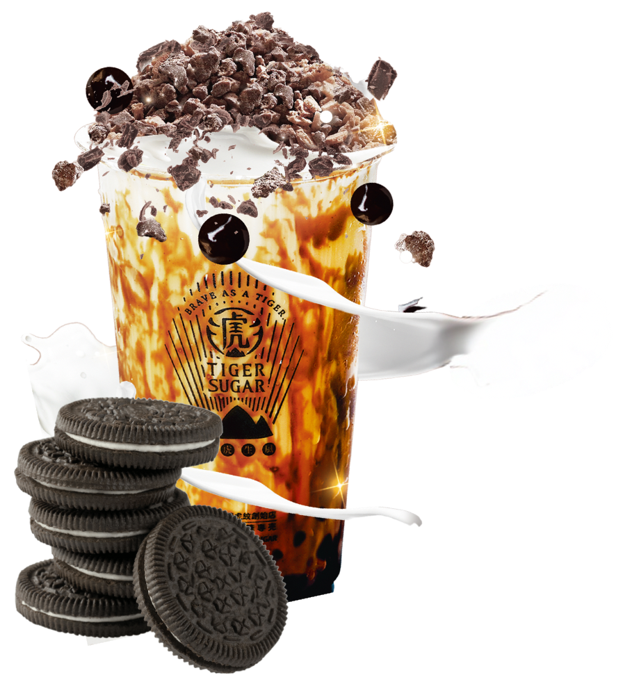 Tiger Sugar drink with Oreo crumble, boba, whipped cream, and a stack of Oreo cookies.