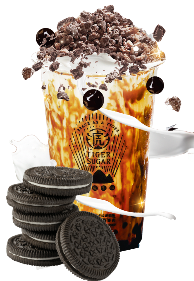 Tiger Sugar Oreo boba drink with a stack of Oreos and crushed cookies on top.