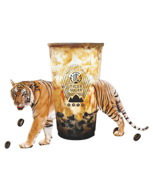 Tiger stands next to a large bubble tea cup with brown sugar streaks; a few coffee beans are scattered around.