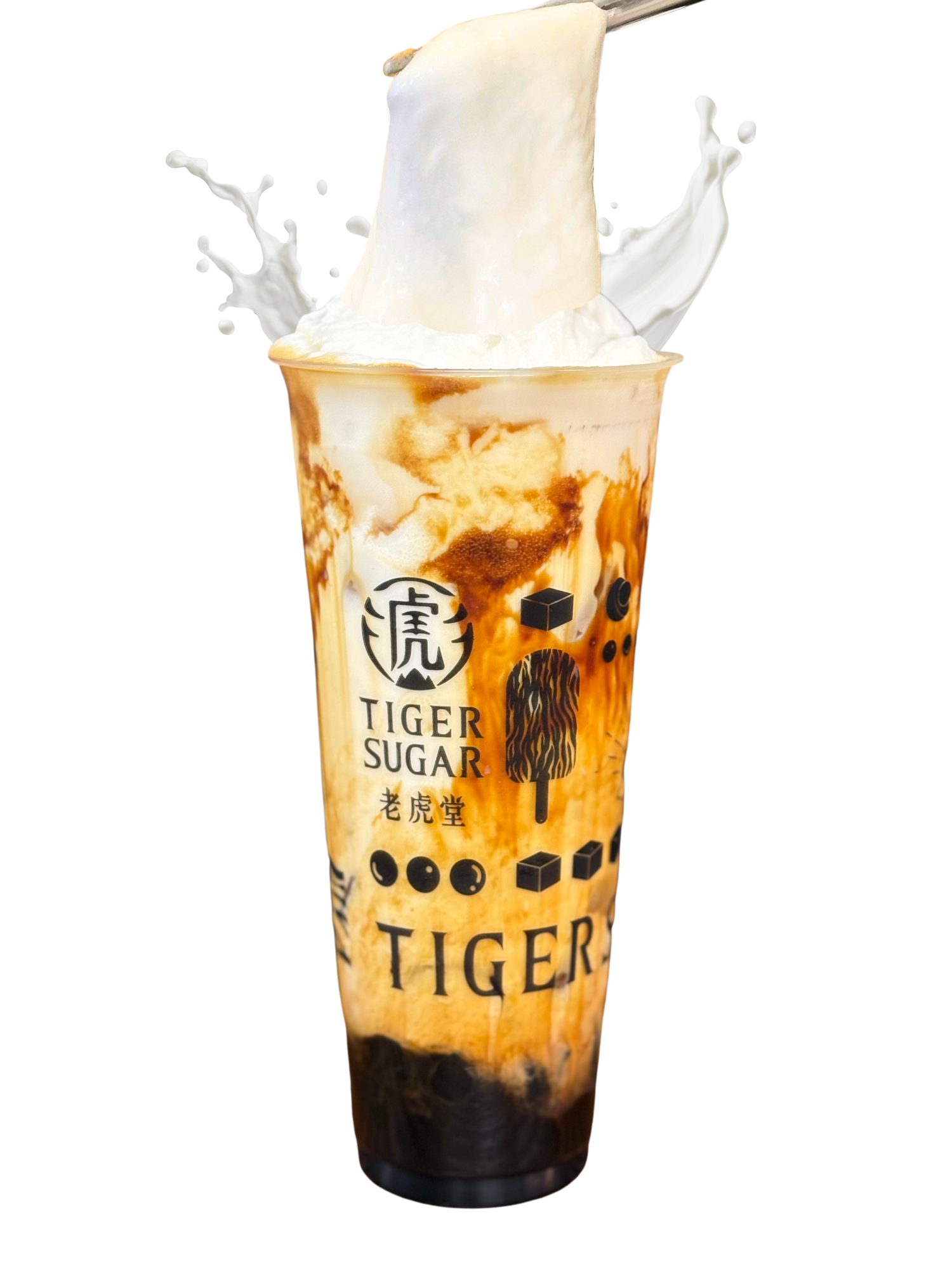 Tiger Sugar bubble tea with brown sugar stripes, white foam, and a milk splash.