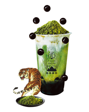 Tiger Sugar matcha drink with boba, a tiger, and matcha powder on a white background. The drink is green, white, and black.
