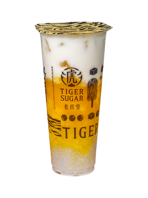 Tiger Sugar mango bubble tea with a white milk foam layer and tapioca pearls.