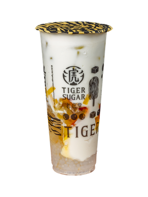 Tiger Sugar drink in a clear plastic cup with a black and gold lid; white, yellow, and brown layers visible.