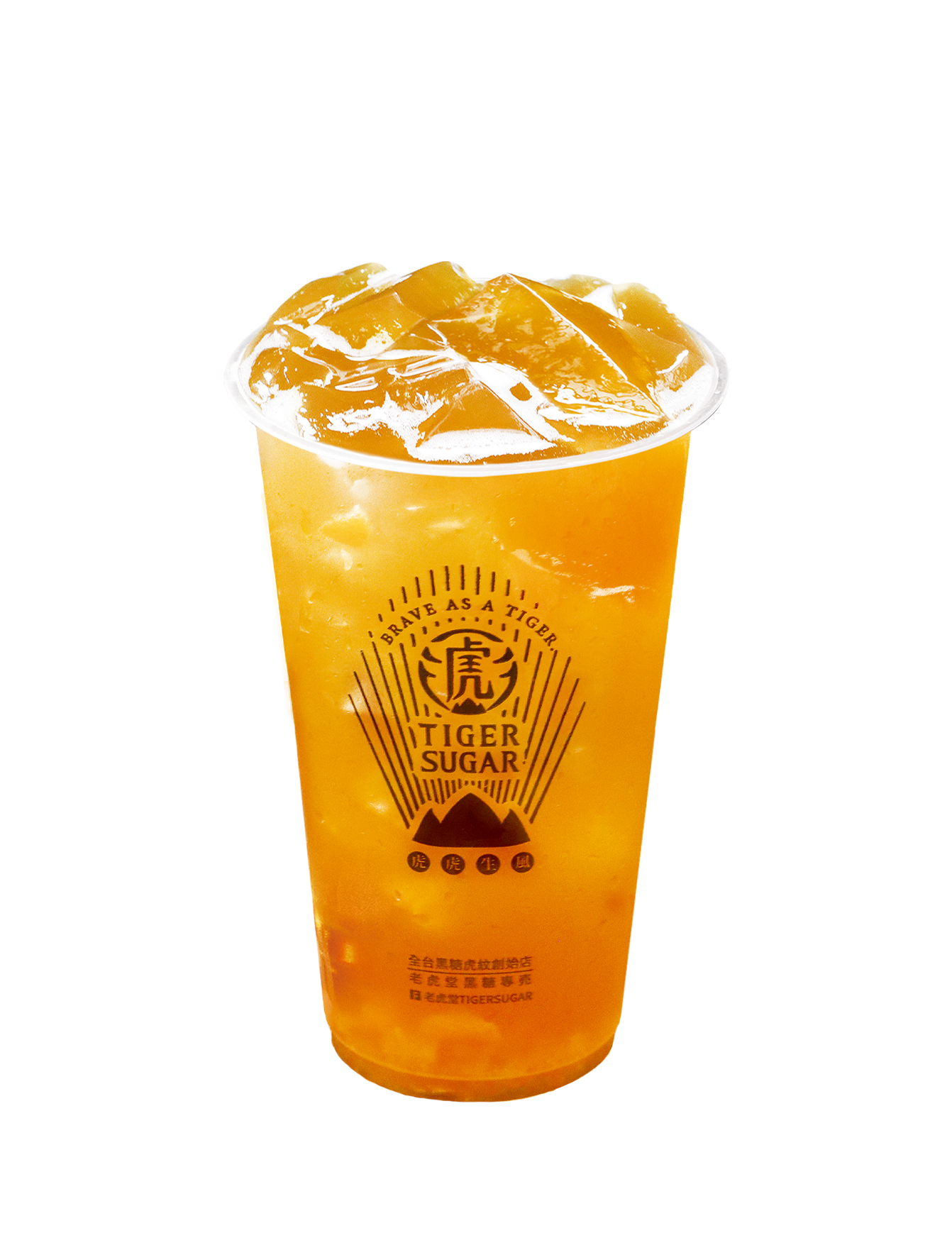A Tiger Sugar drink in a clear plastic cup with ice. The drink is an orange color and has the Tiger Sugar logo.