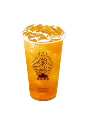 A Tiger Sugar drink in a clear plastic cup with ice. The drink is an orange color and has the Tiger Sugar logo.