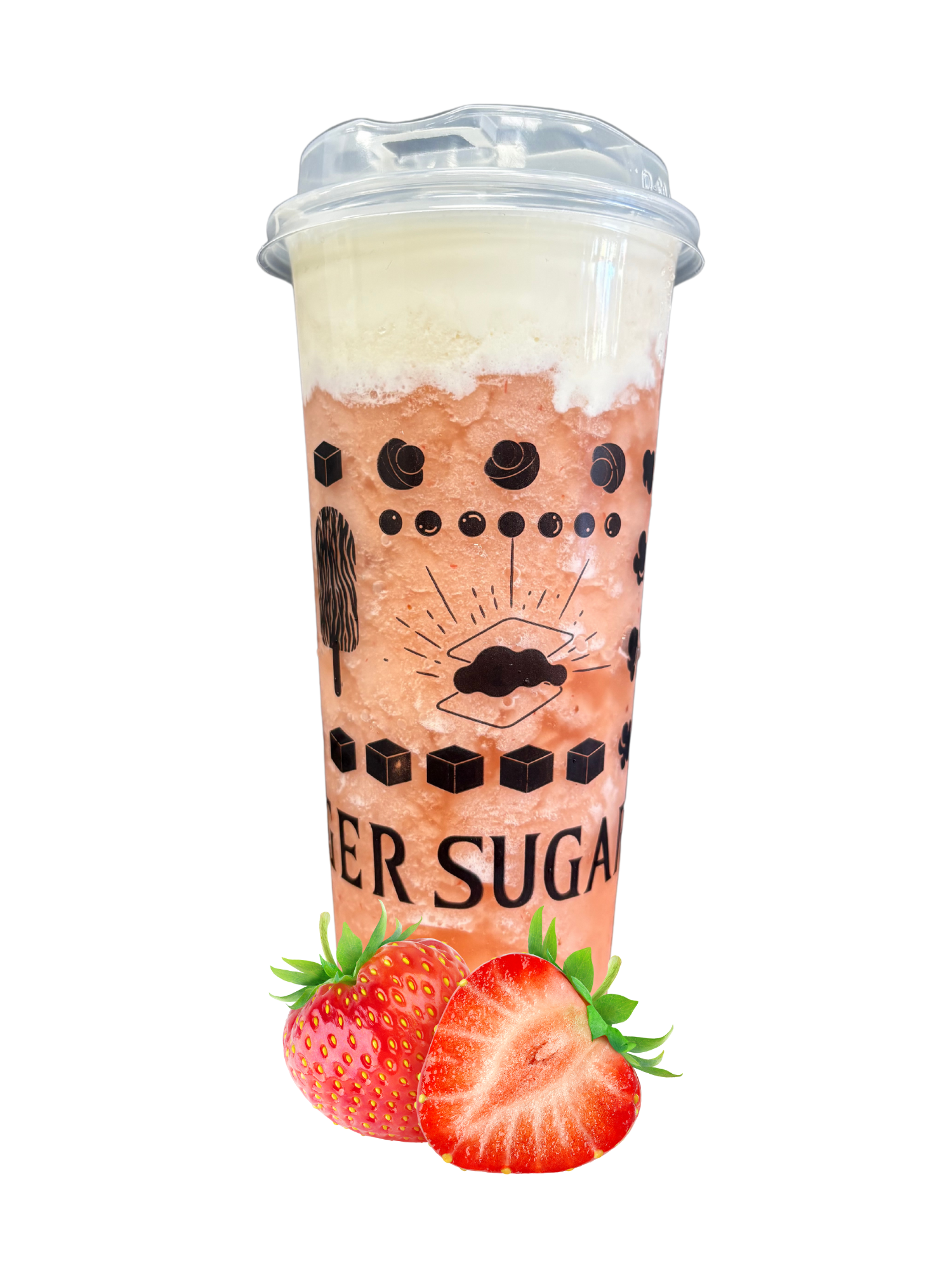 Strawberry slushy drink in a tall cup, topped with cream, and decorated with strawberries.