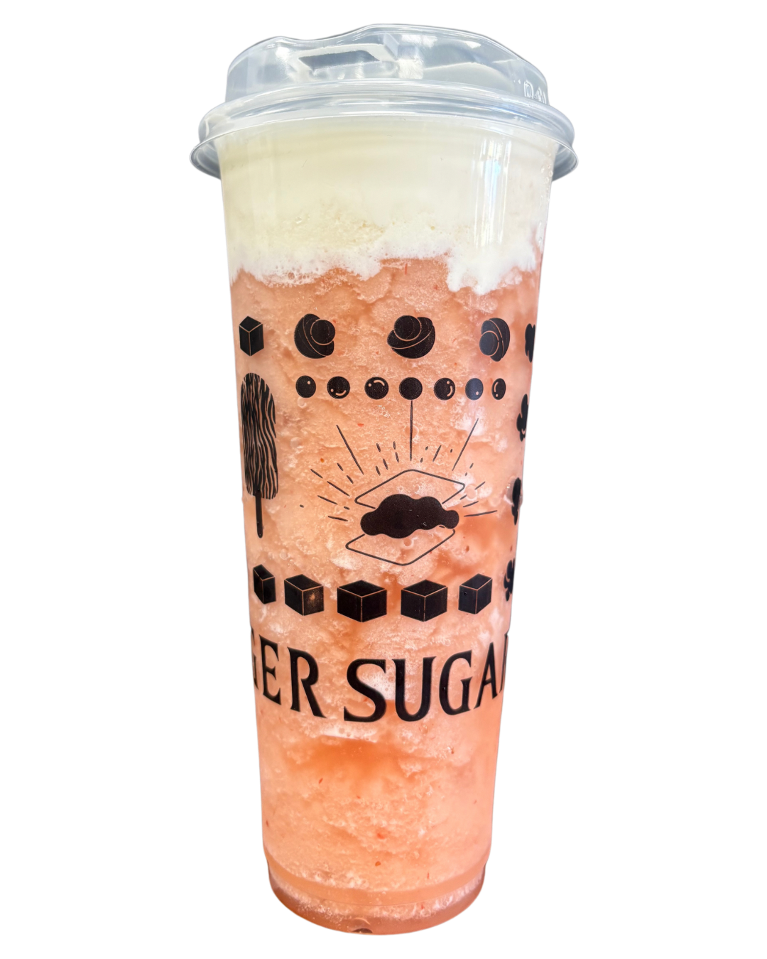 Pink and white layered beverage in a clear plastic cup with a logo of a cloud and a sun.