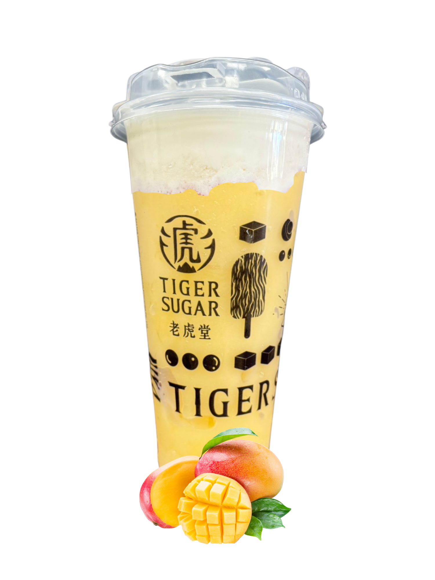 A mango Tiger Sugar drink in a clear plastic cup with a foam top, next to peaches and mango.