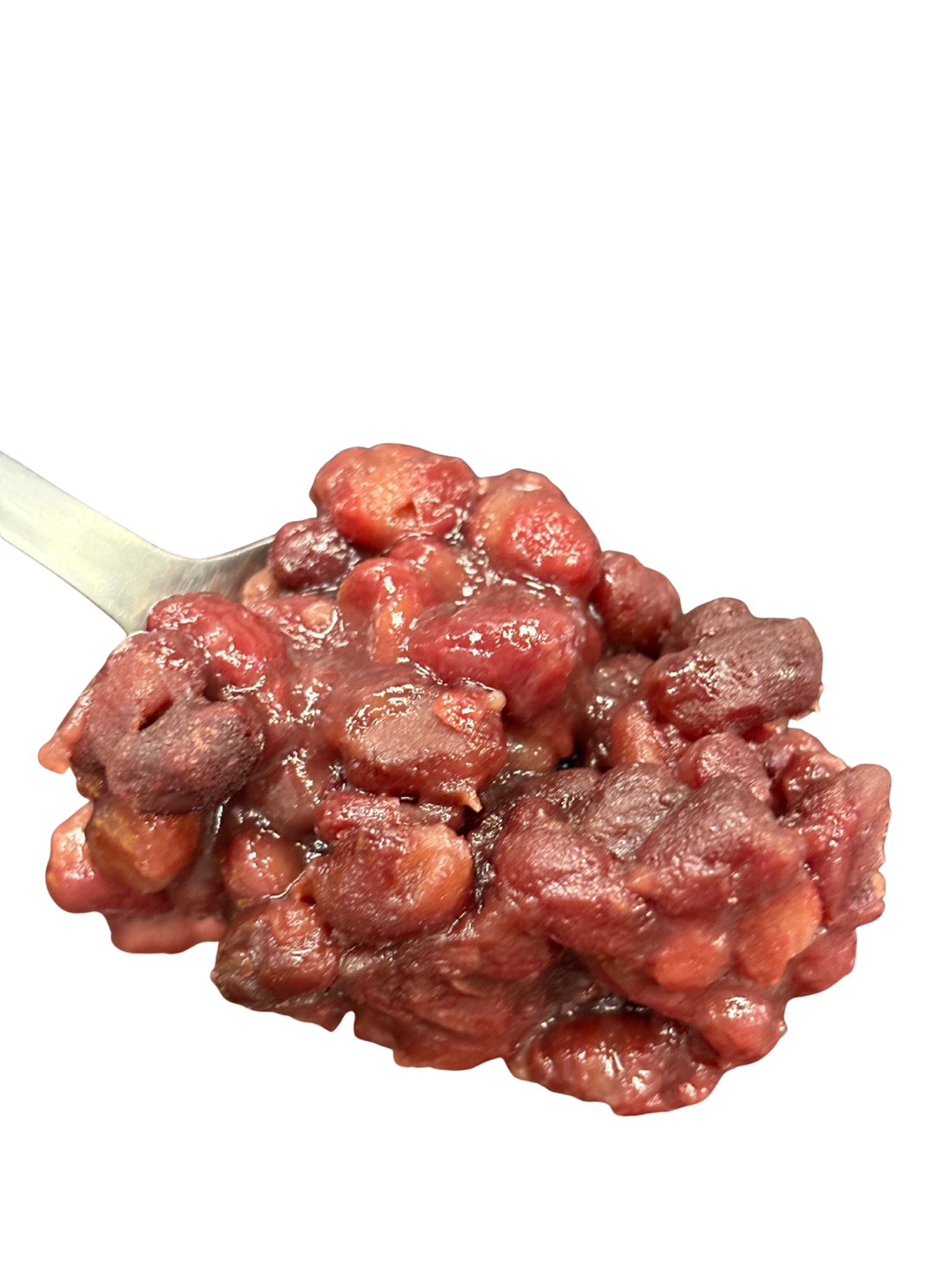 Red bean dessert on a spoon, close-up.