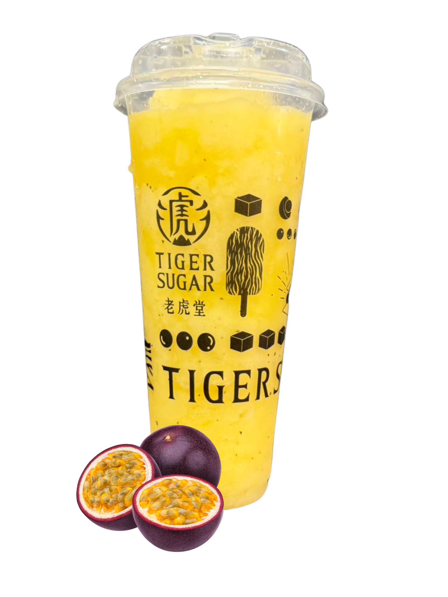 A tall Tiger Sugar passion fruit slushie with passion fruits in front. The cup is yellow and has the brand's logo.