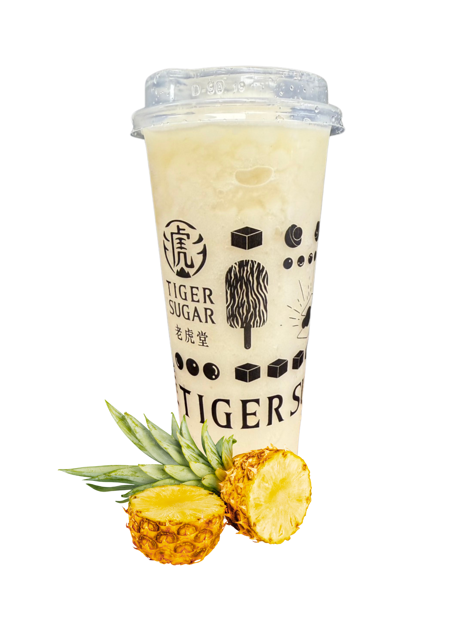 A Tiger Sugar pineapple smoothie in a clear cup, with pineapple slices and leaves.