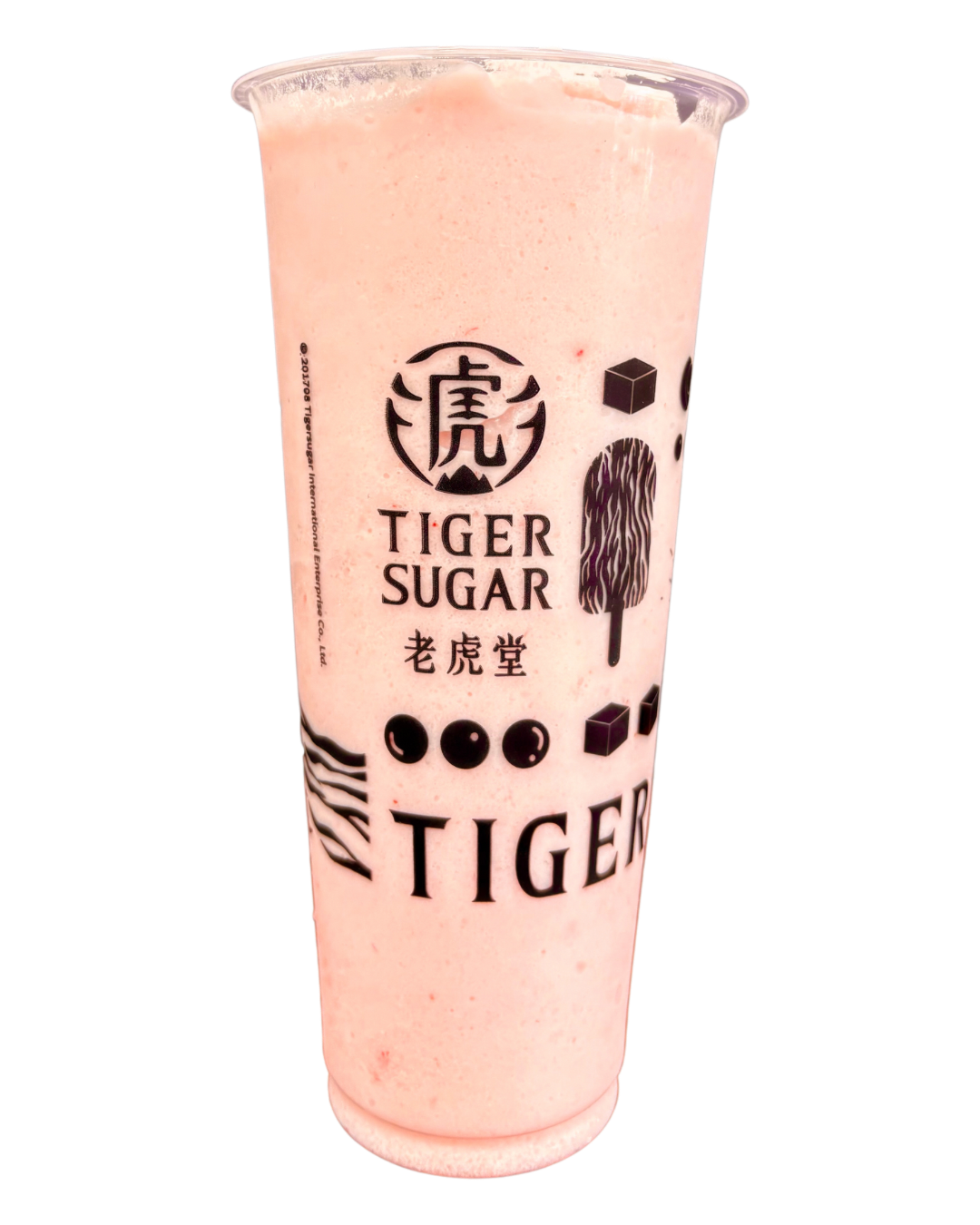 A tall, pink Tiger Sugar drink in a clear plastic cup with the brand's logo on the side.