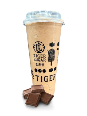 Tiger Sugar chocolate drink with a plastic lid and chocolate pieces. The logo is visible.
