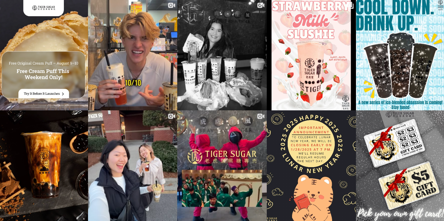 Compilation of various boba tea shop promotions and content, including drinks, people, and gift cards.
