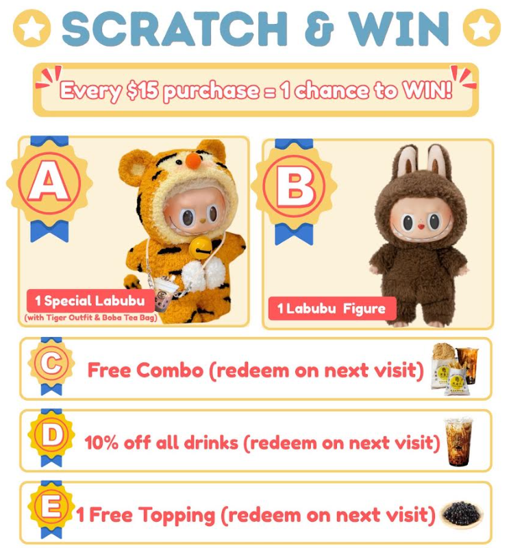 Scratch and win promotion: Prizes include Labubu figures, free combo, drinks discount, and free topping.