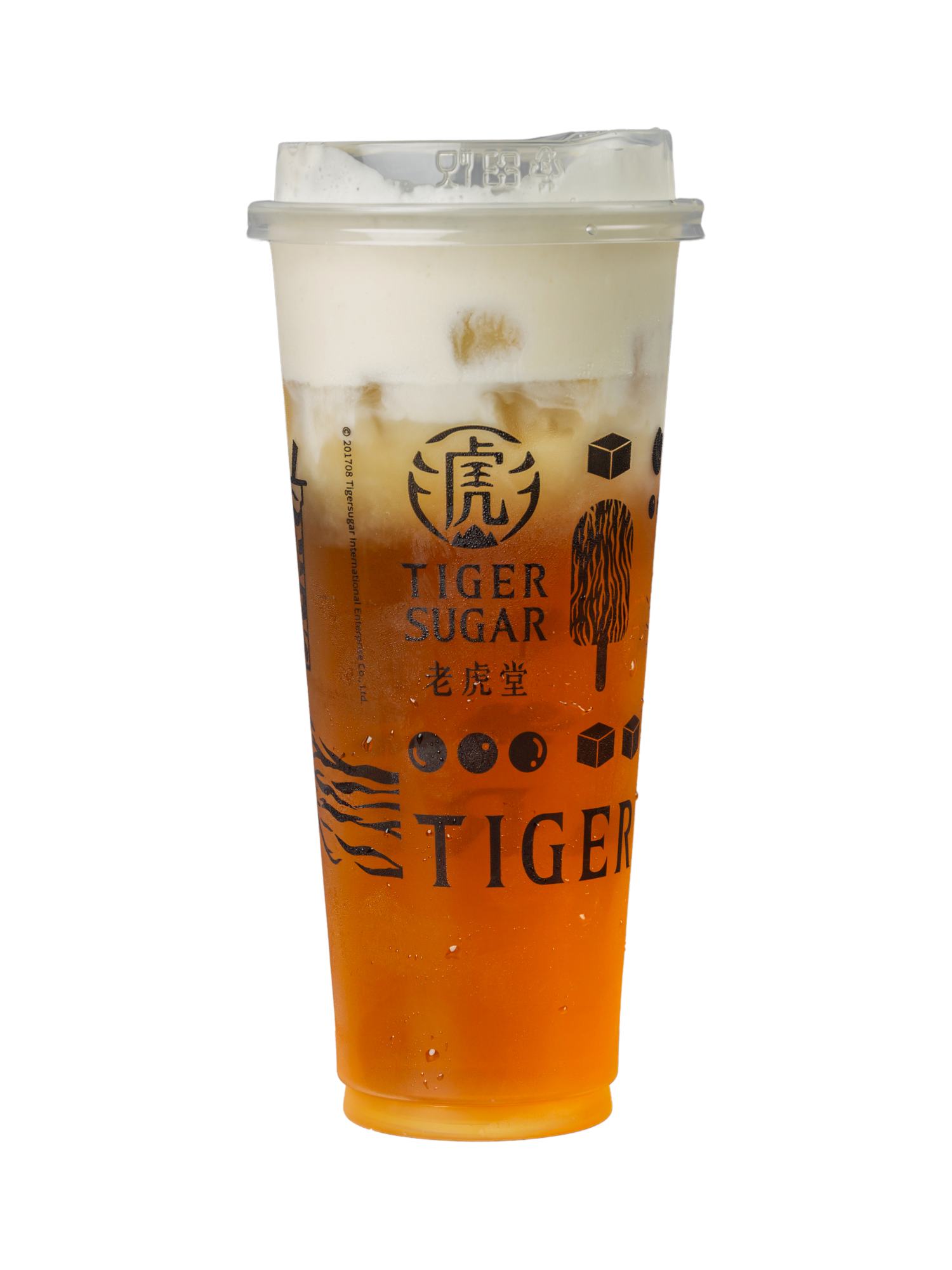 A tall, clear plastic cup of Tiger Sugar tea, layered with a white cream topping and ice, on a white background.