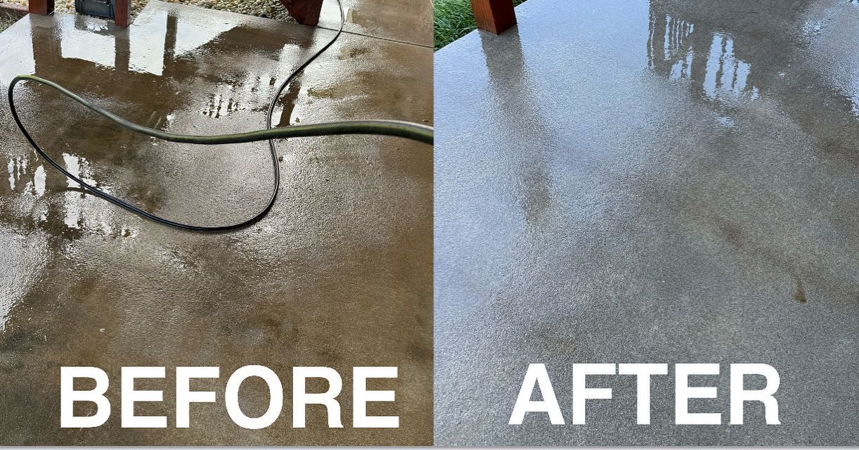 A before and after picture of a concrete floor being cleaned with a pressure . Job done by 865 Power Washwasher.