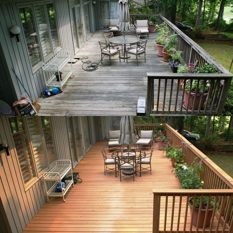 A before and after picture of a wooden deck with a table and chairs