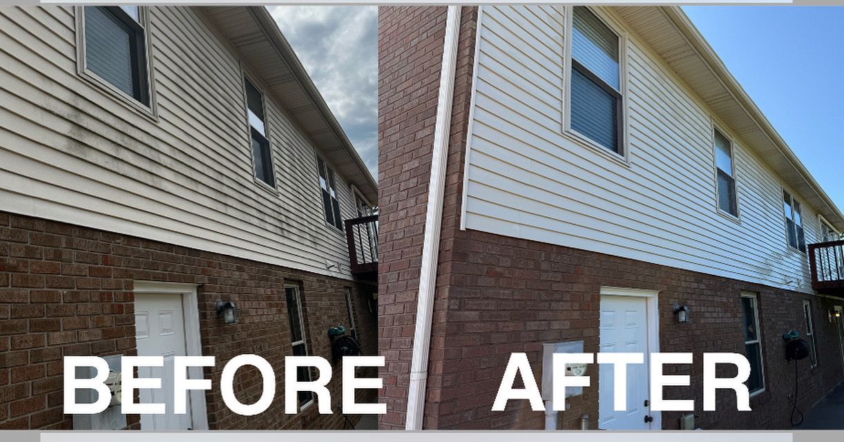 A before and after picture of a brick apartment building.. v