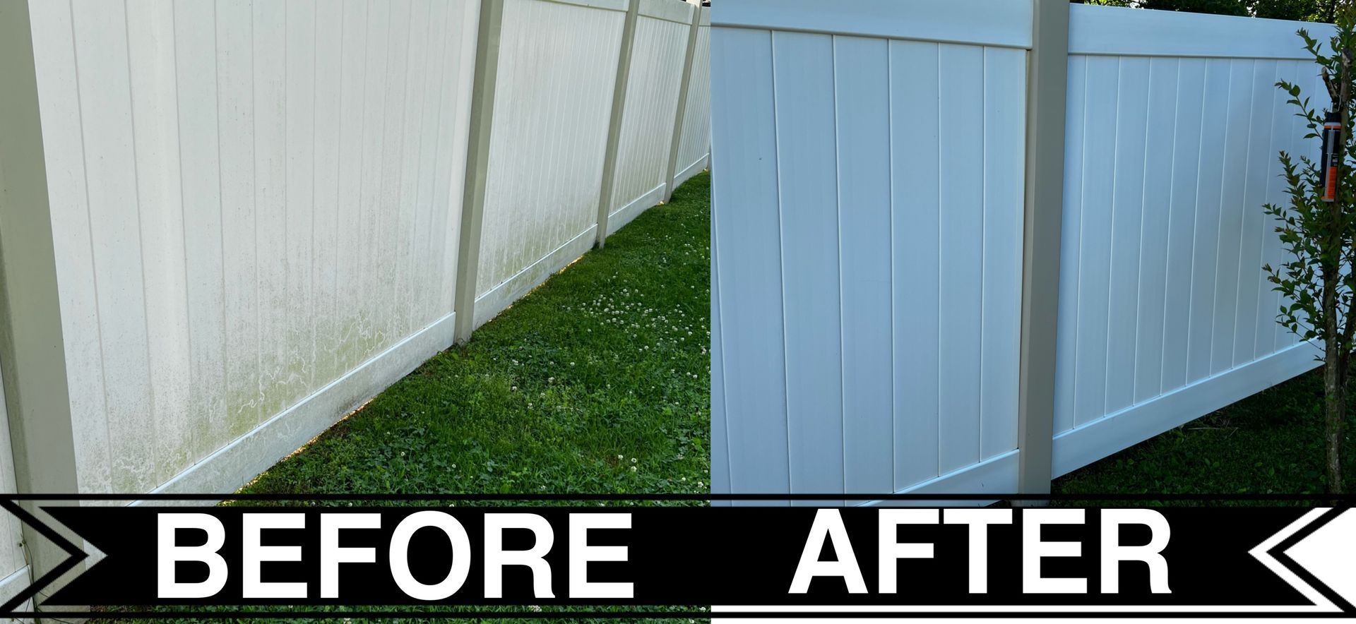 A before and after picture of a white fence. Job done by 865 Power Wash