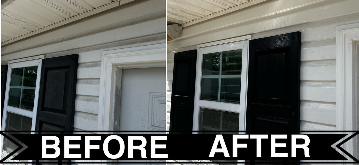A before and after picture of a house with black shutters.