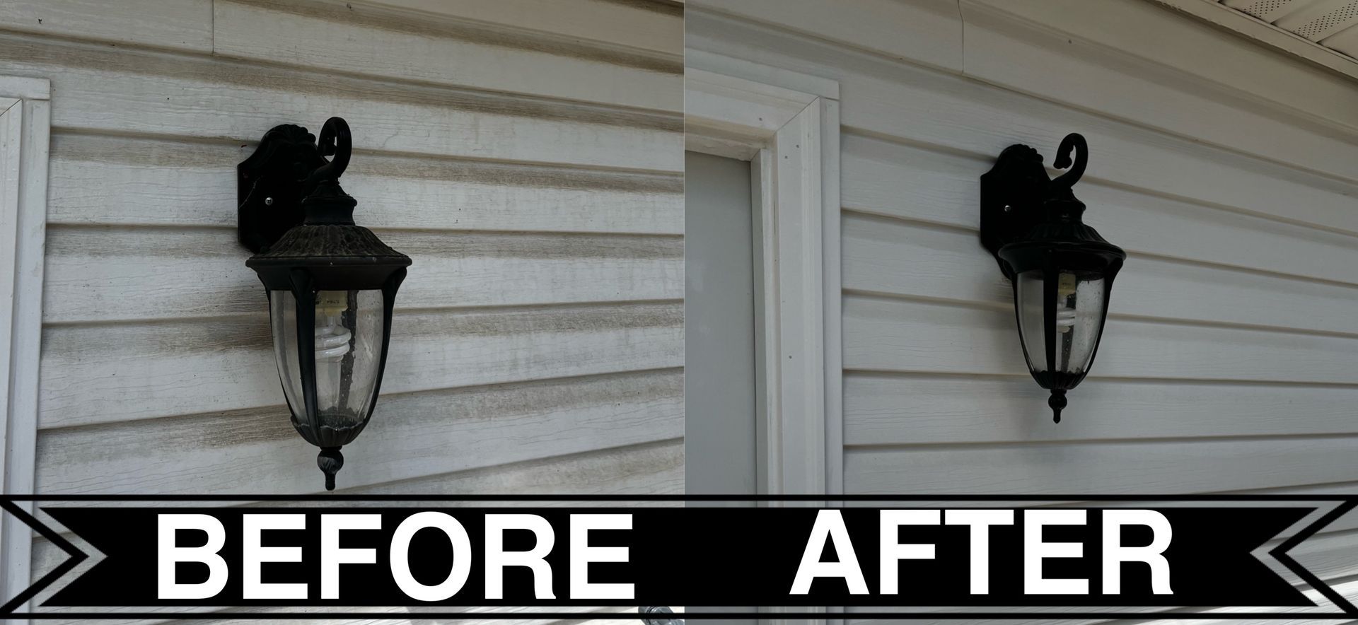 A before and after picture of a light on a house. Job done by 865 Power Wash