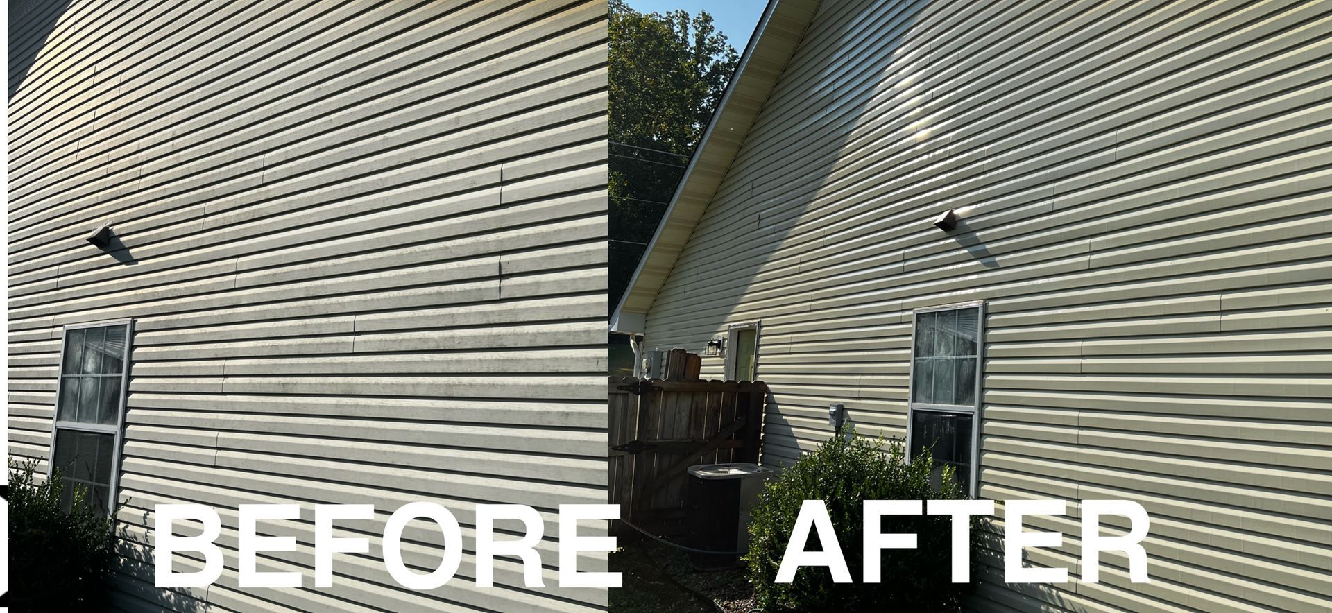 A before and after picture of a house 's siding