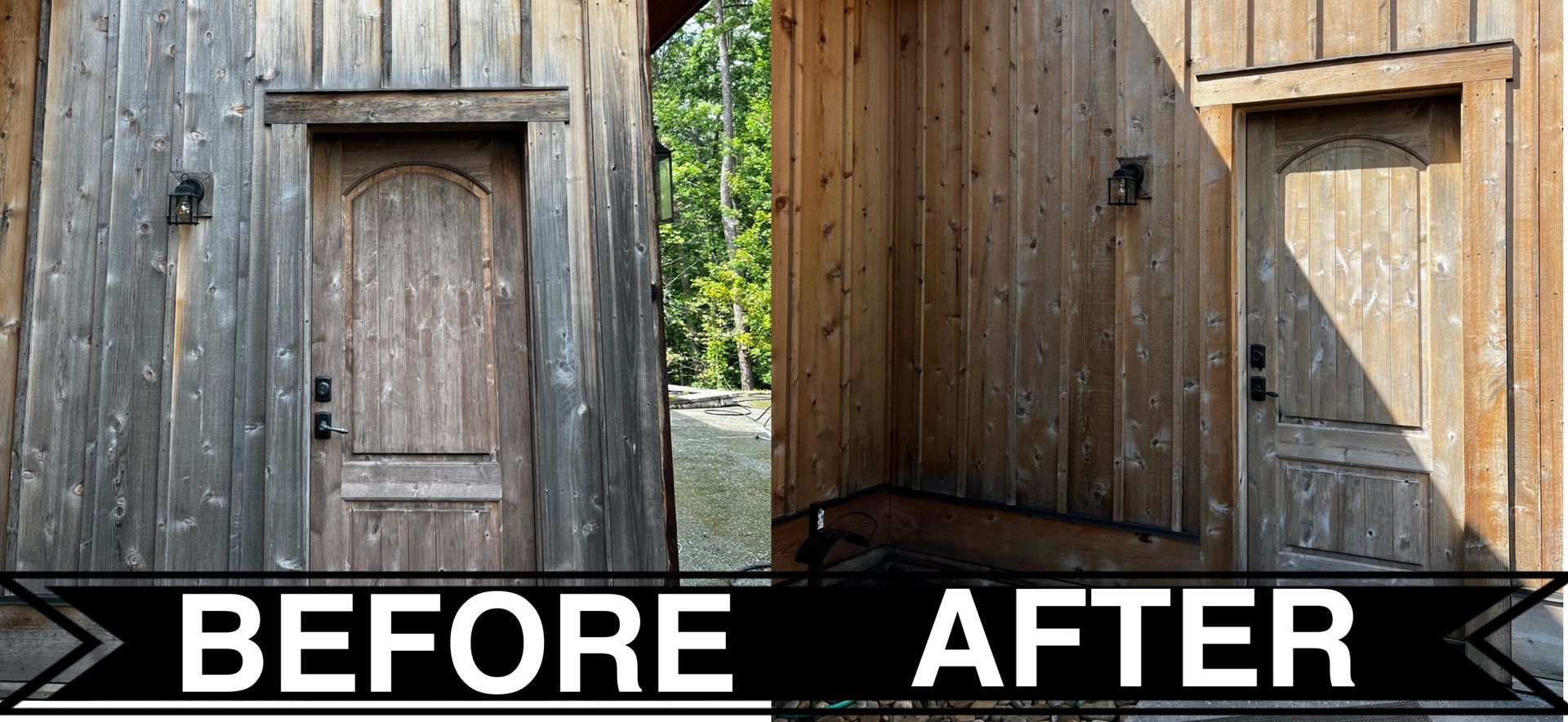 A before and after picture of a wooden door