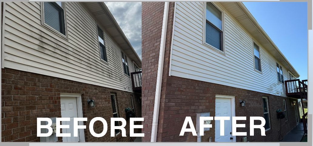 A before and after picture of a brick apartment building