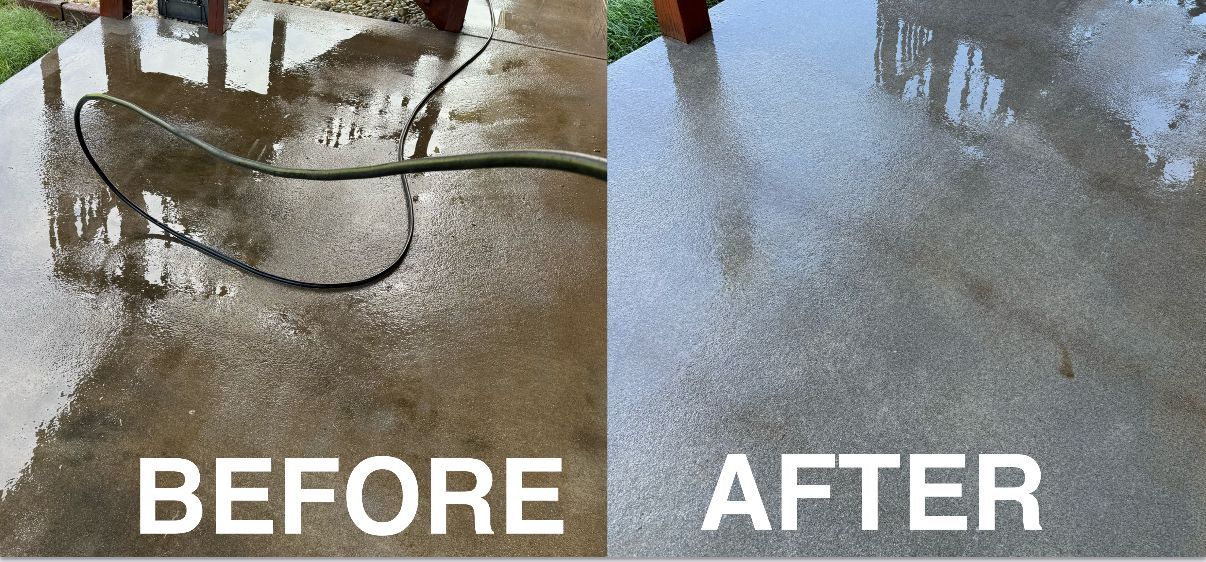 A before and after picture of a concrete floor being cleaned with a pressure washer.