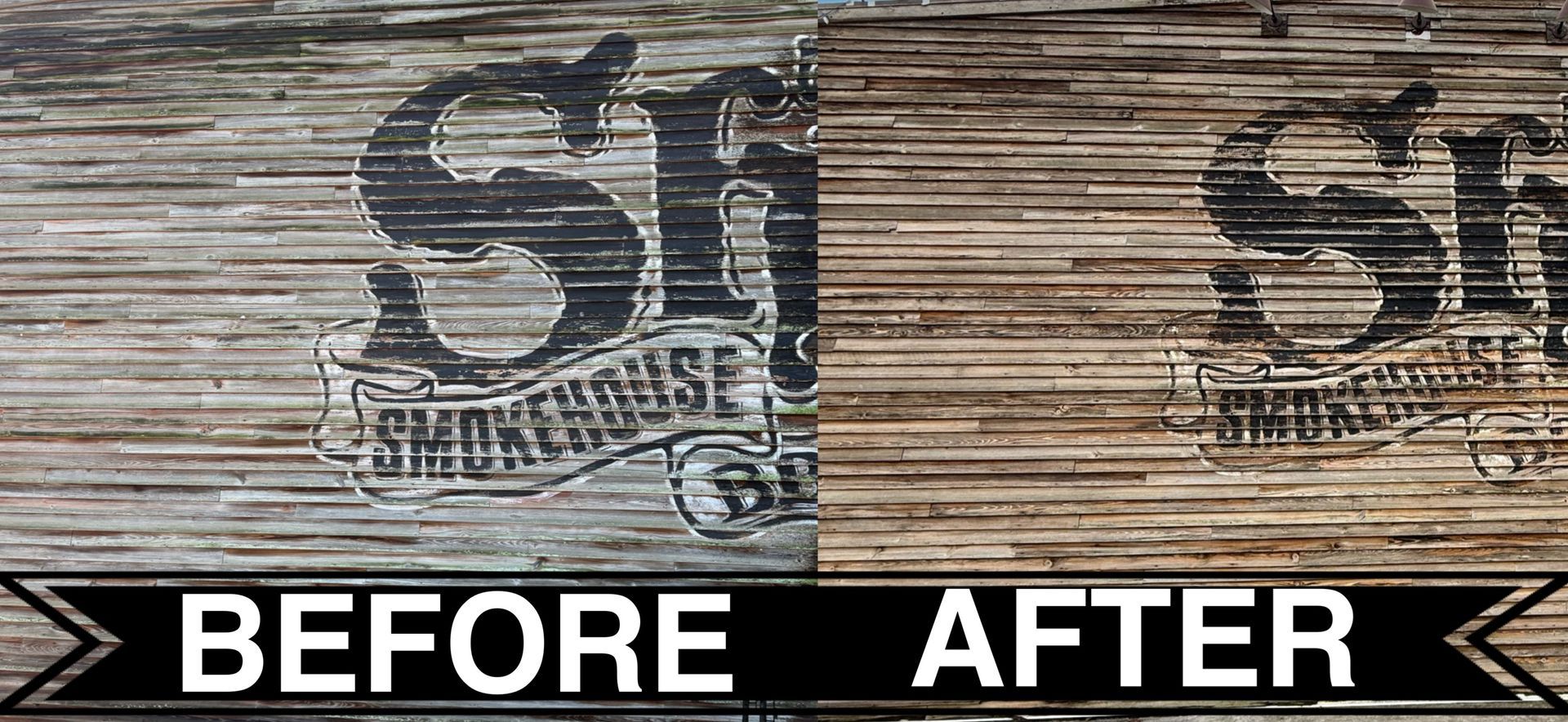 A before and after picture of a smokehouse sign