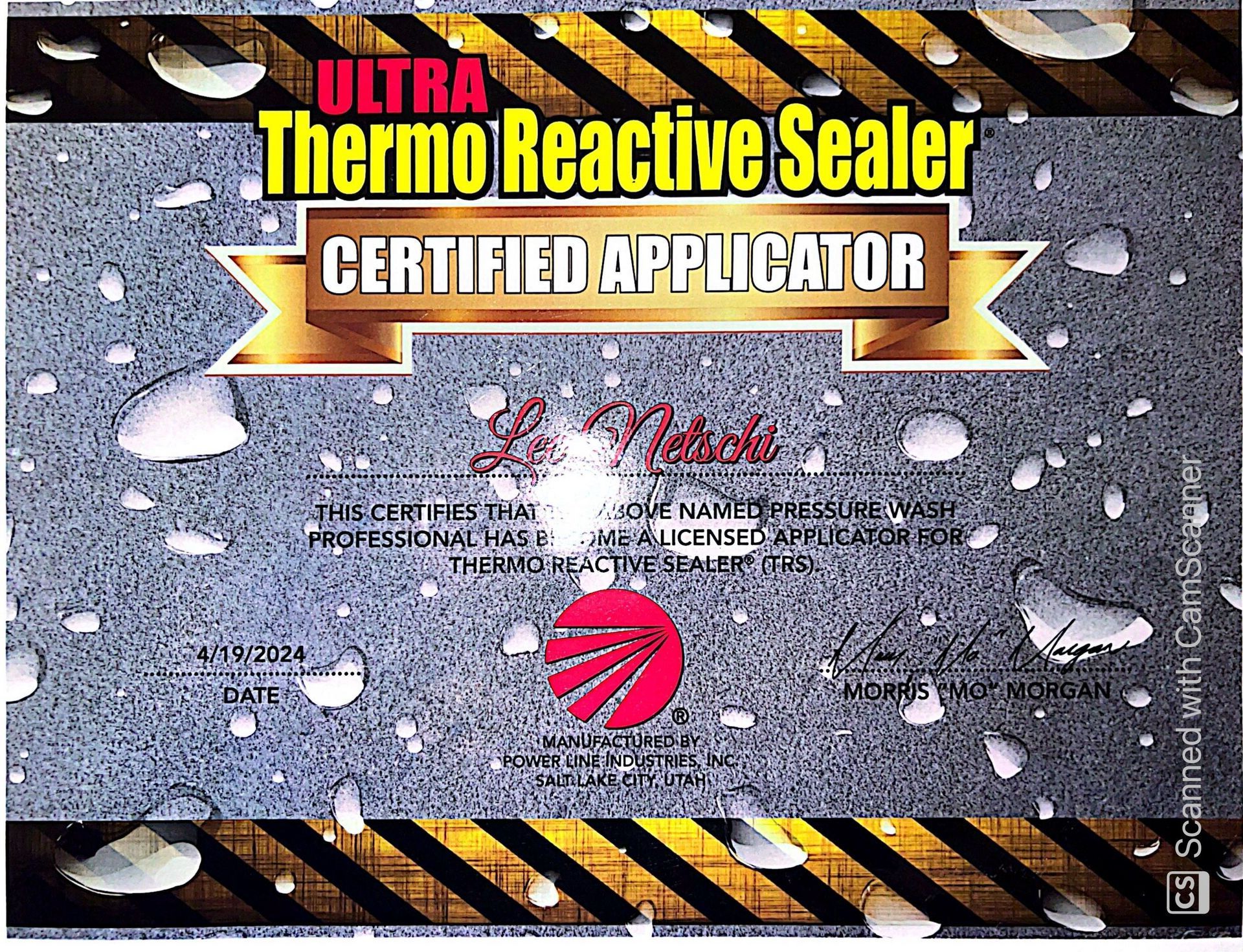 A certificate that says ultra thermo reactive sealer certified applicator