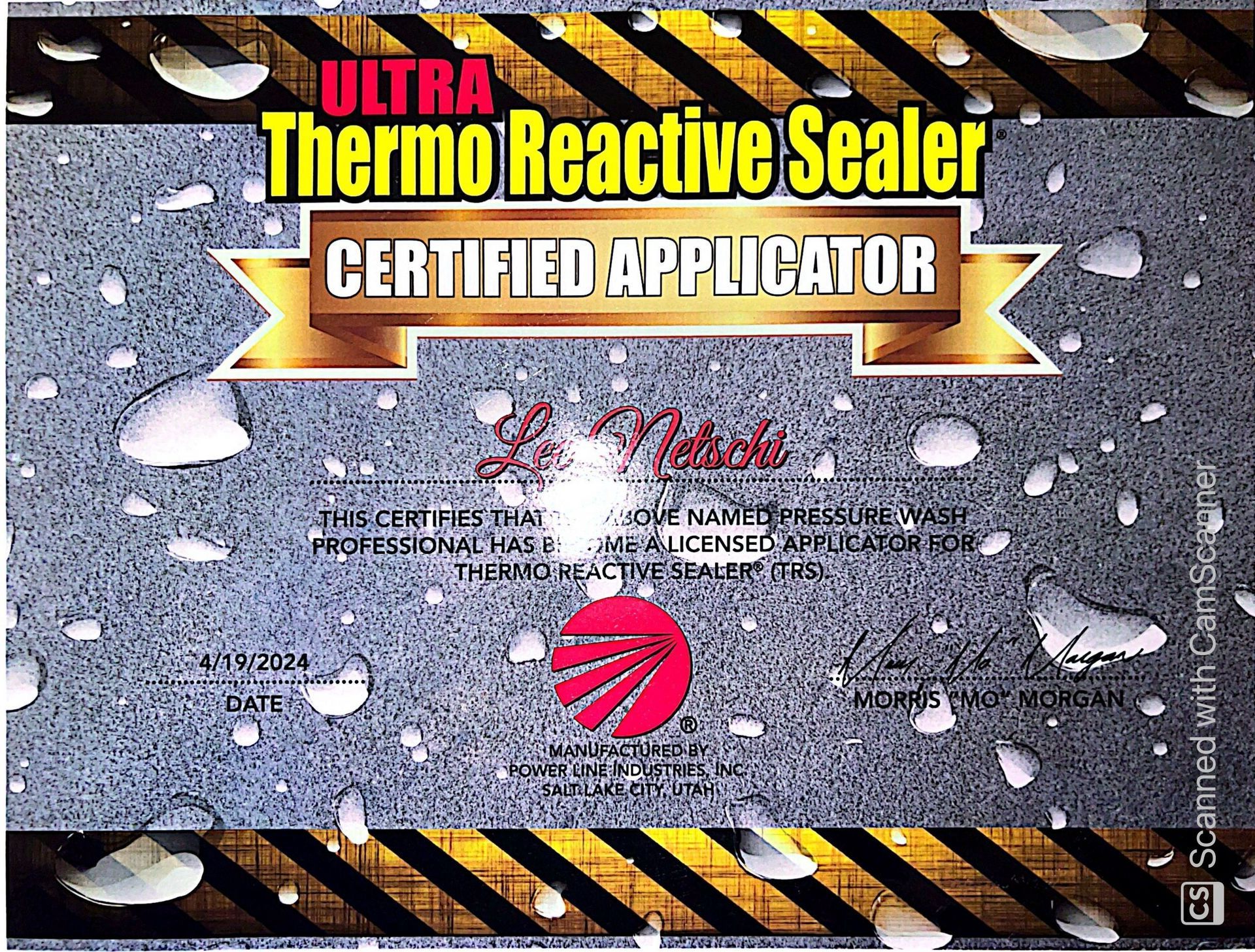 A certificate that says ultra thermo reactive sealer certified applicator