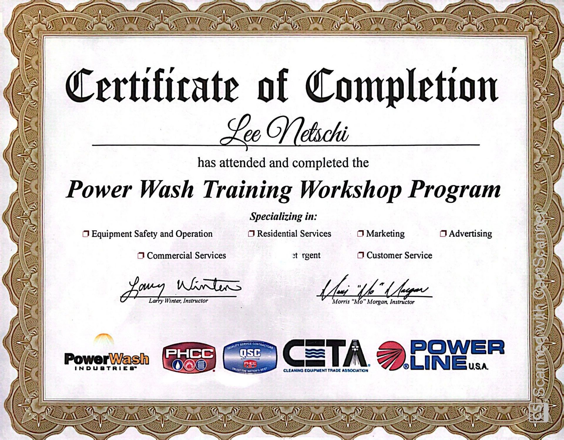 A certificate of completion for a power wash training workshop program