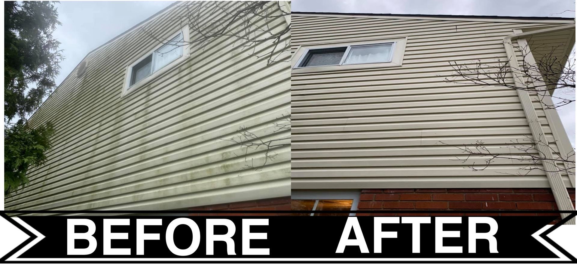 A before and after picture of a house 's siding