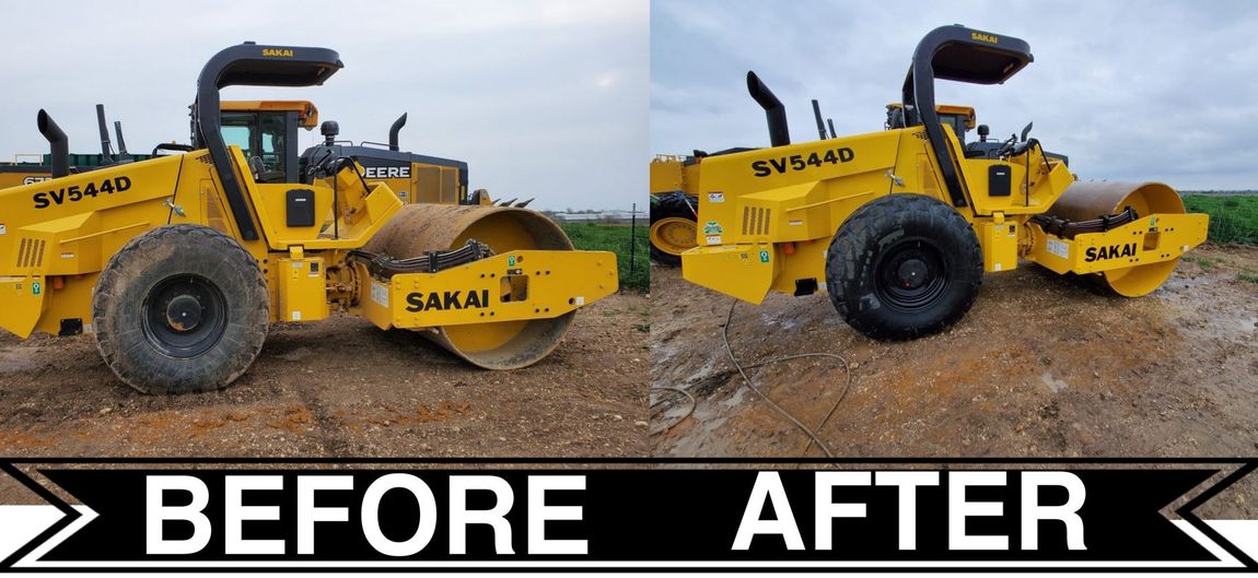 A before and after picture of a yellow road roller.